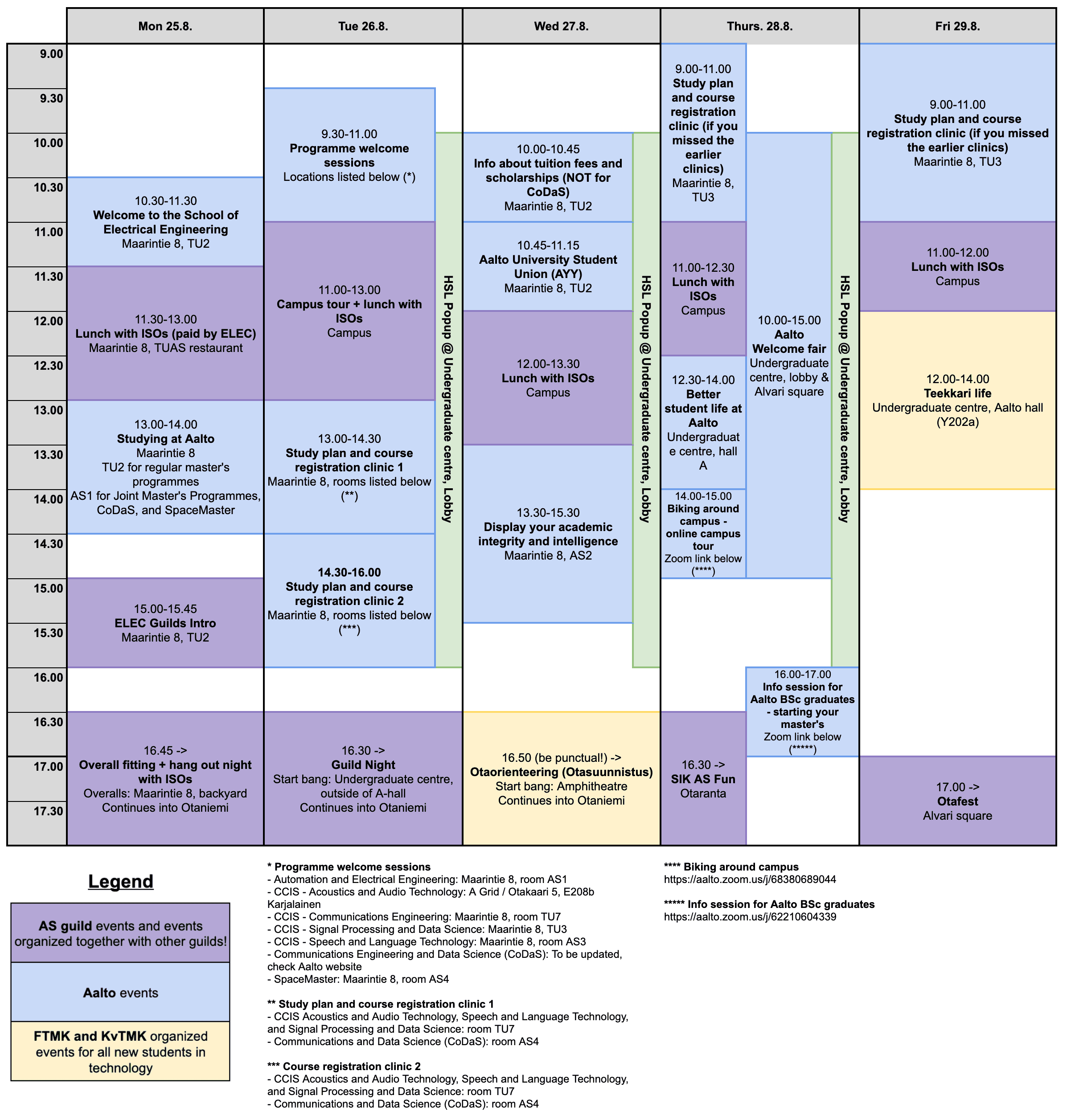 Orientation week schedule for master's students.