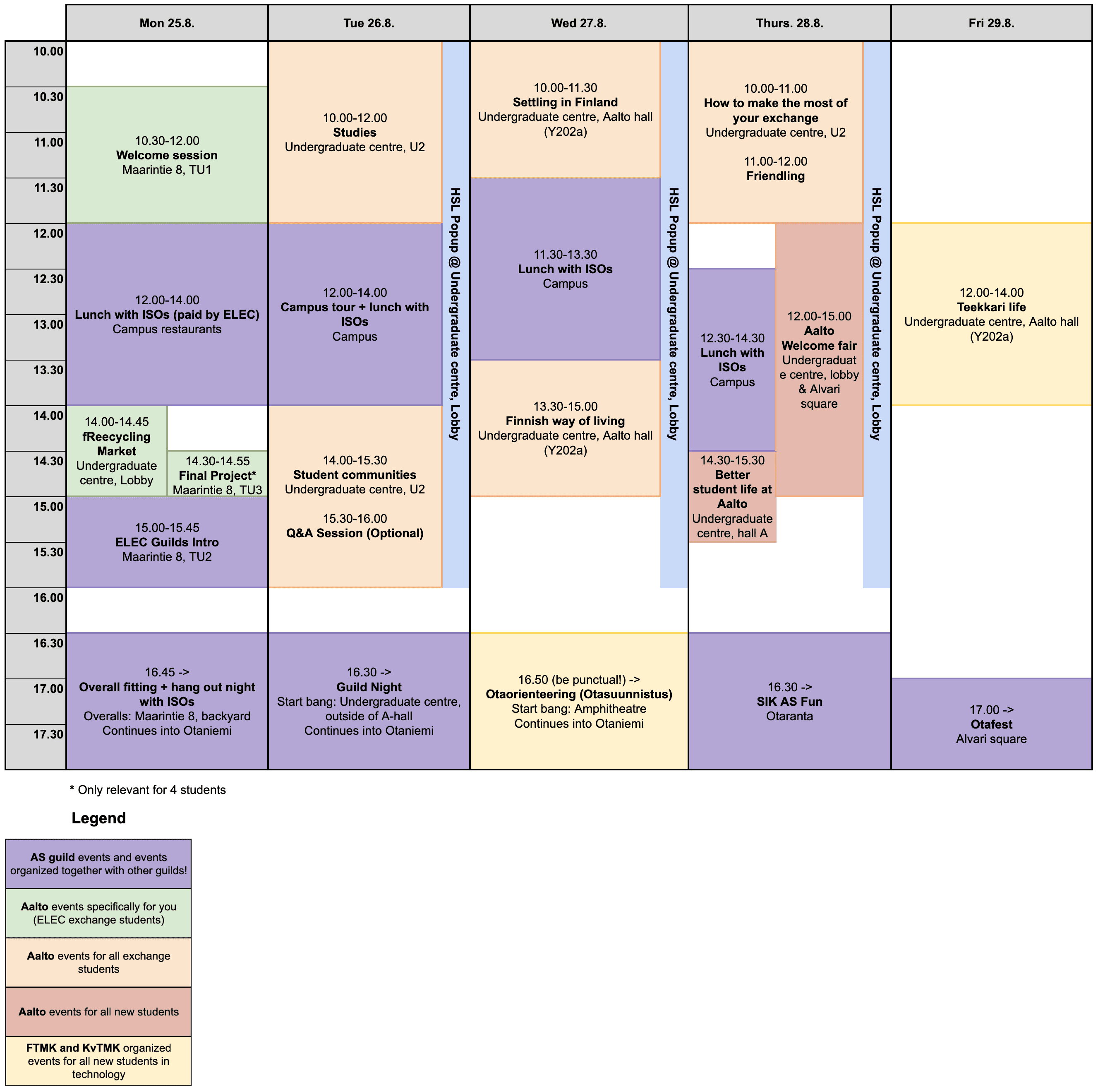 Orientation week schedule for exchange students.